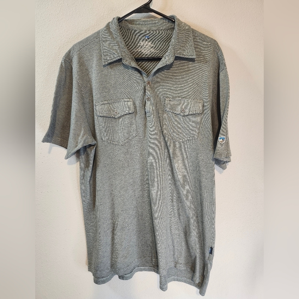 Kuhl Mens Gray Stripe Polo With Double Pocket And Cotton Blend Size Large - Picture 2 of 7